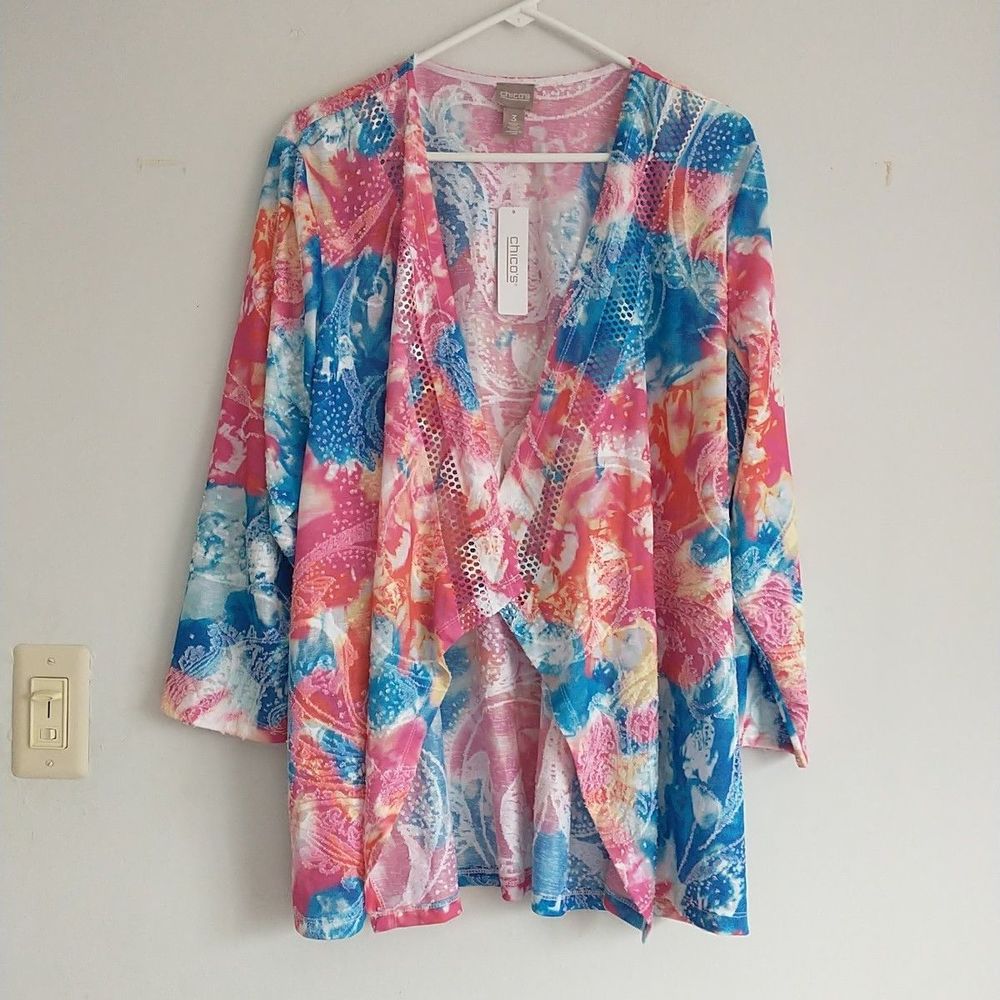 Chicos Painted Floral Knit Drape Jacket 3 XL Pink Blue Open Front Cardigan New